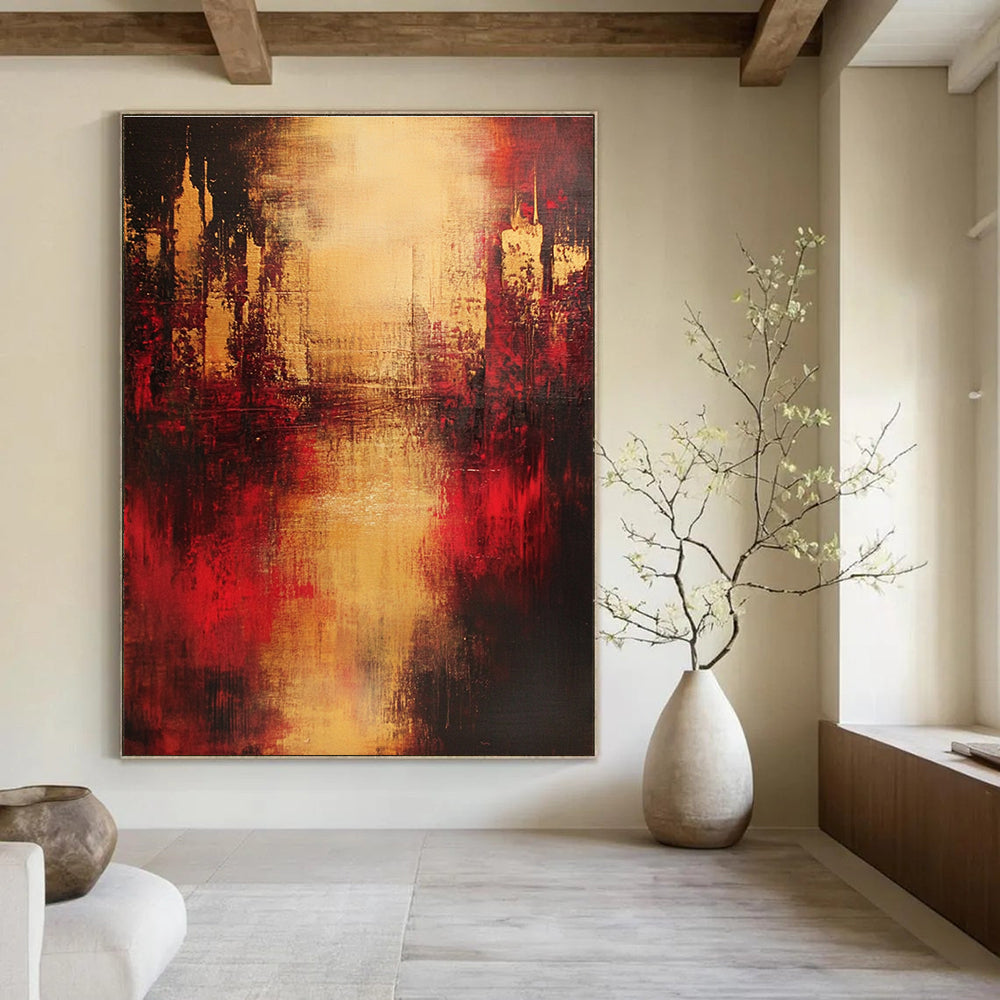 Large abstract painting in red and gold on a dark background with blurred buildings smoke rising and emotional expression of life's pain.STSC444
