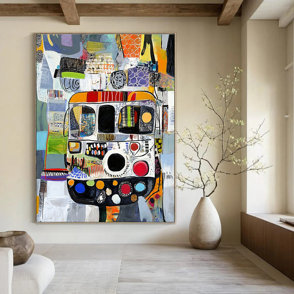 Abstract painting with diverse patterns features a bus in a textured collage of black white grey green blue red and orange yellow materials.STSC820