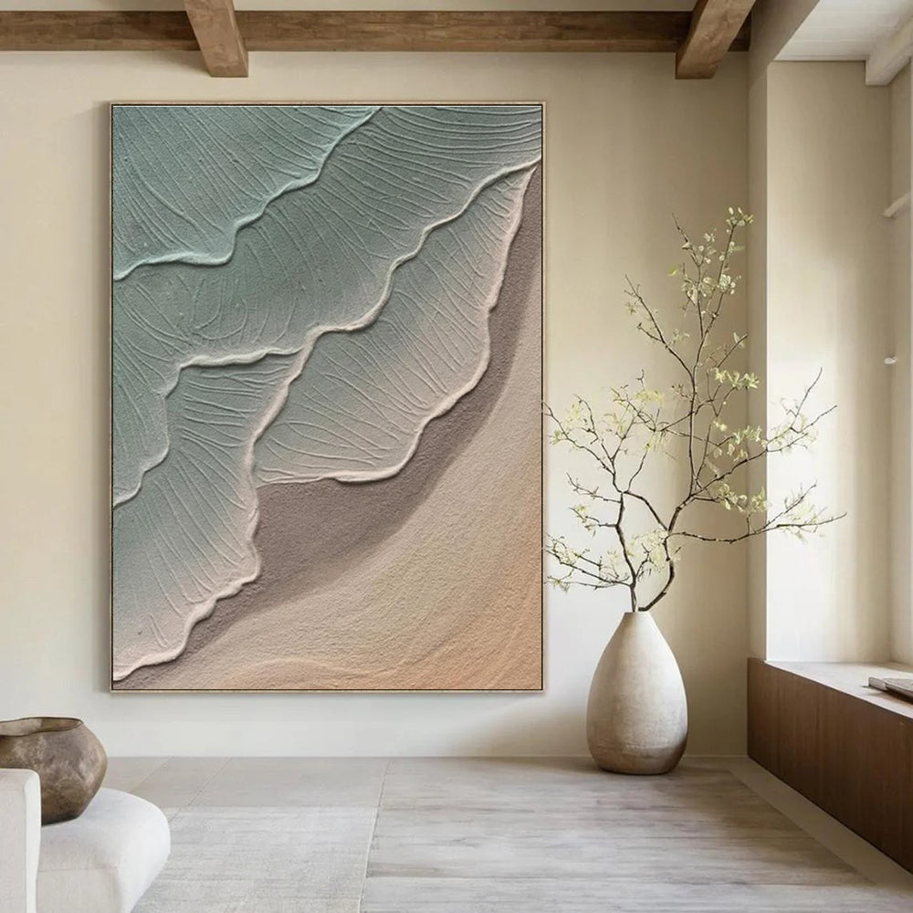 Green and Beige Textured Abstract Painting with Wave - like Forms ADGE519