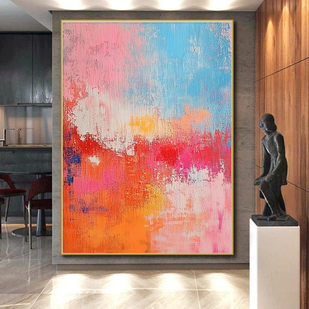 Pink Orange and Blue Abstract Painting with Textured Surfaces GER698