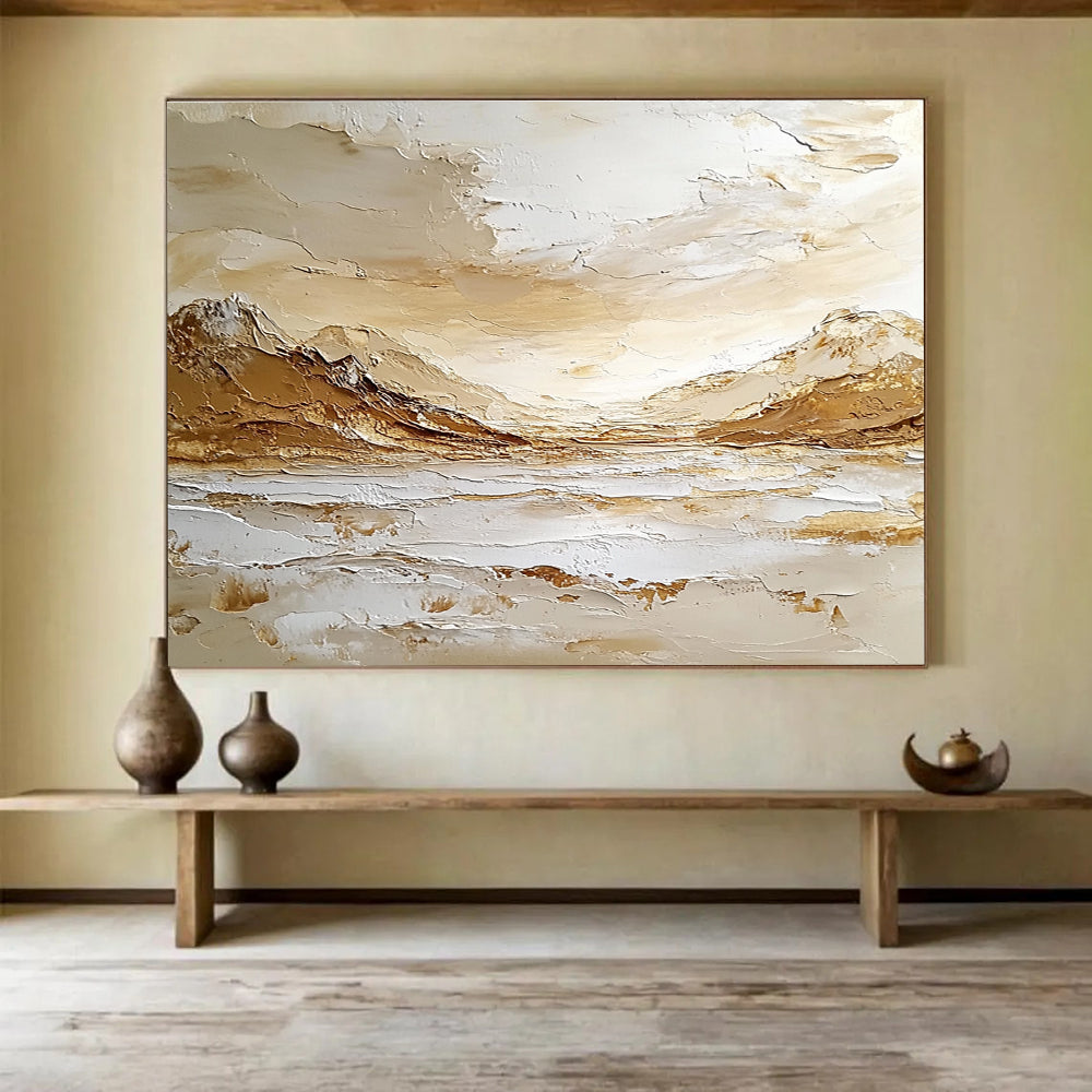 Large abstract painting depicting an Arctic landscape with mountains, sea waves, and sky in warm tones on textured canvas using impasto technique.SC621