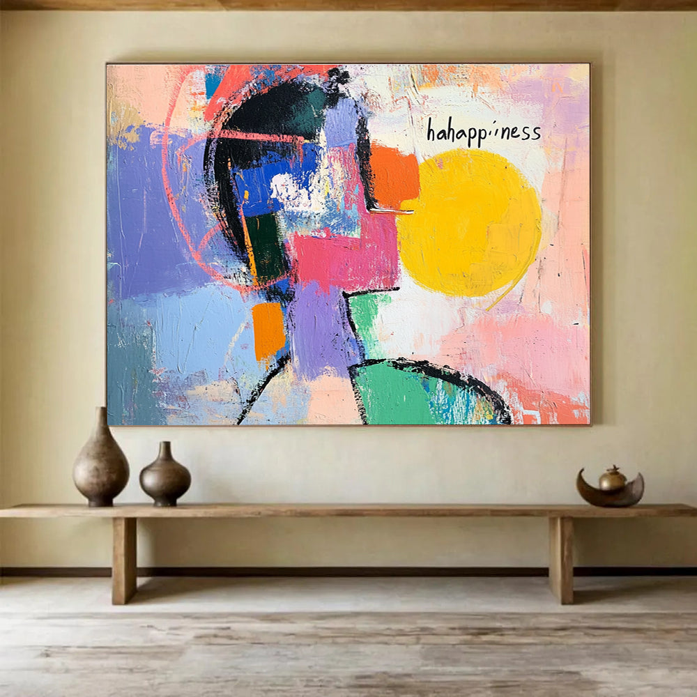 Large abstract painting showcasing vibrant colors with a bright circle silhouette and expressive lines conveying movement and emotion, featuring happiness in white ink.SC359
