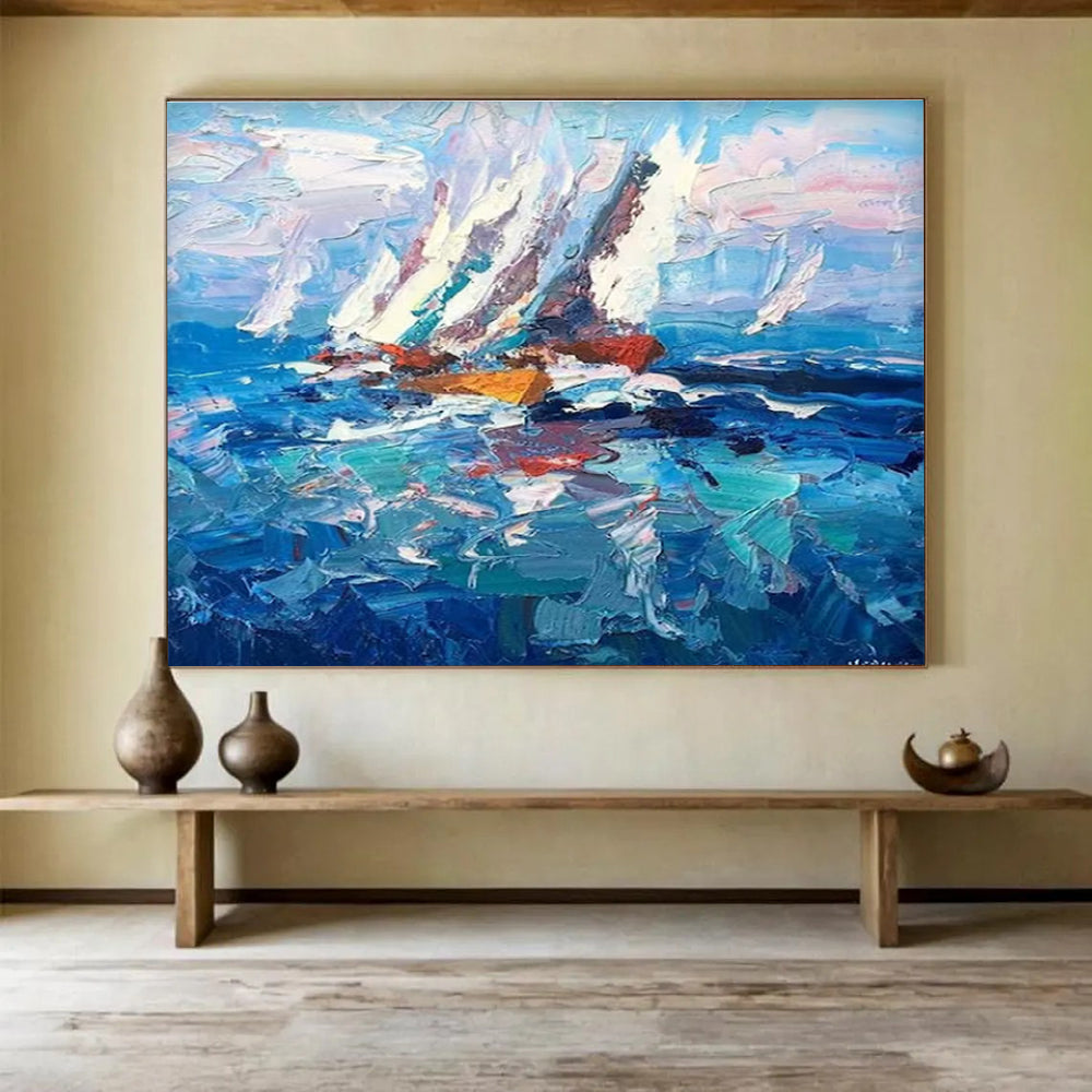 Blue White Sailing Boats Abstract Painting THY472