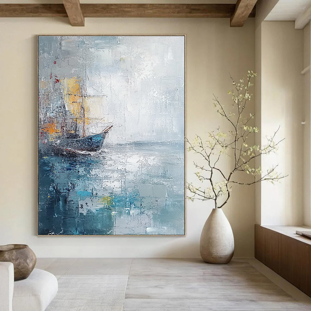 Large abstract painting with muted gray and blue tones featuring a distant ship at sea created with palette knife oil on textured canvas.STSC120