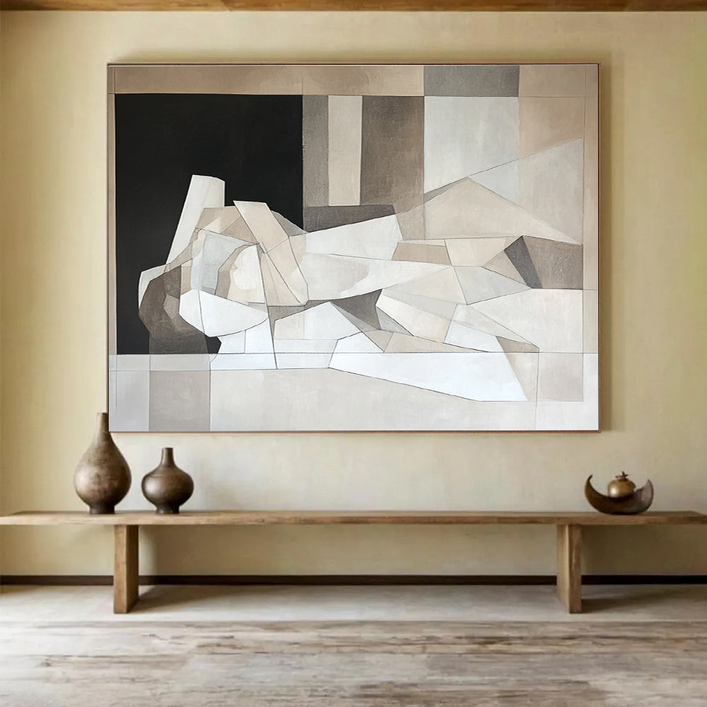 Large abstract painting featuring a textured dark green wall with horizontal stripes, evoking ancient Chinese architectural elegance.SC457