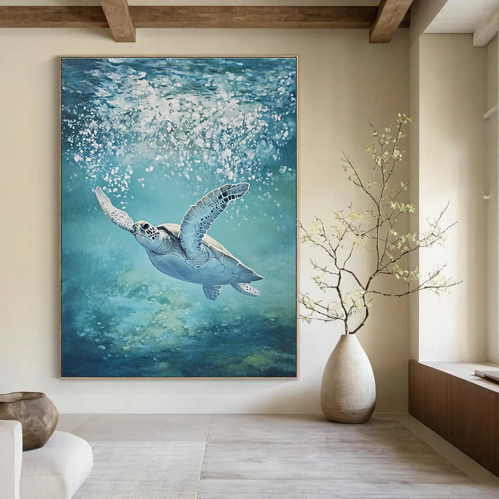 An abstract painting capturing the serene underwater scene of a majestic sea turtle gliding through crystal-clear waters with glistening skin and vibrant hues.STSC1175
