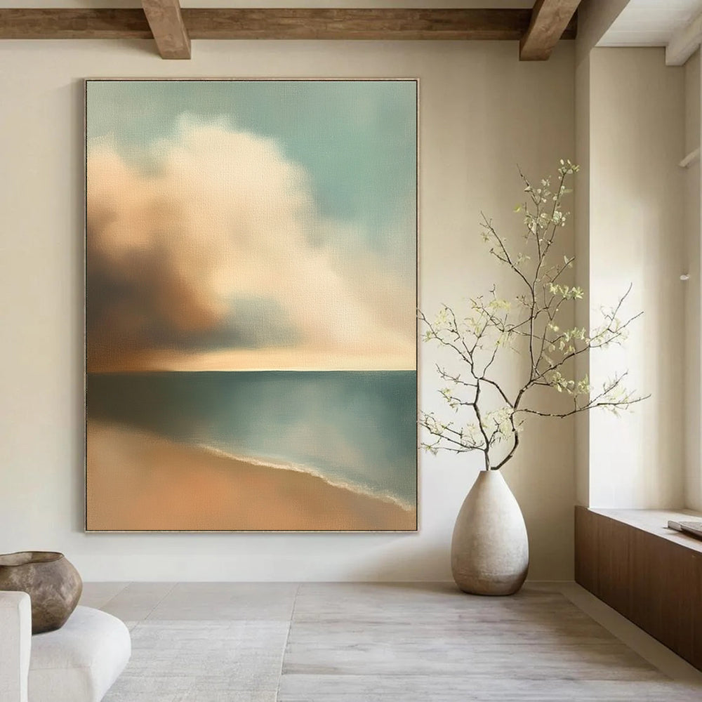 Large abstract oil painting of muted pastel colors depicting clouds and sky over the ocean inspired by Edward Hopper with earthy tones.STSC596