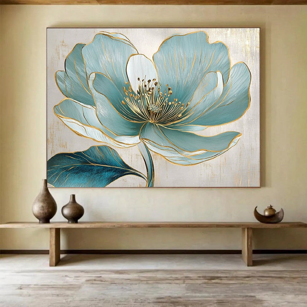A large abstract painting featuring a turquoise flower with golden lines and exquisite realism on a beige background with elegant gray accents.SC423