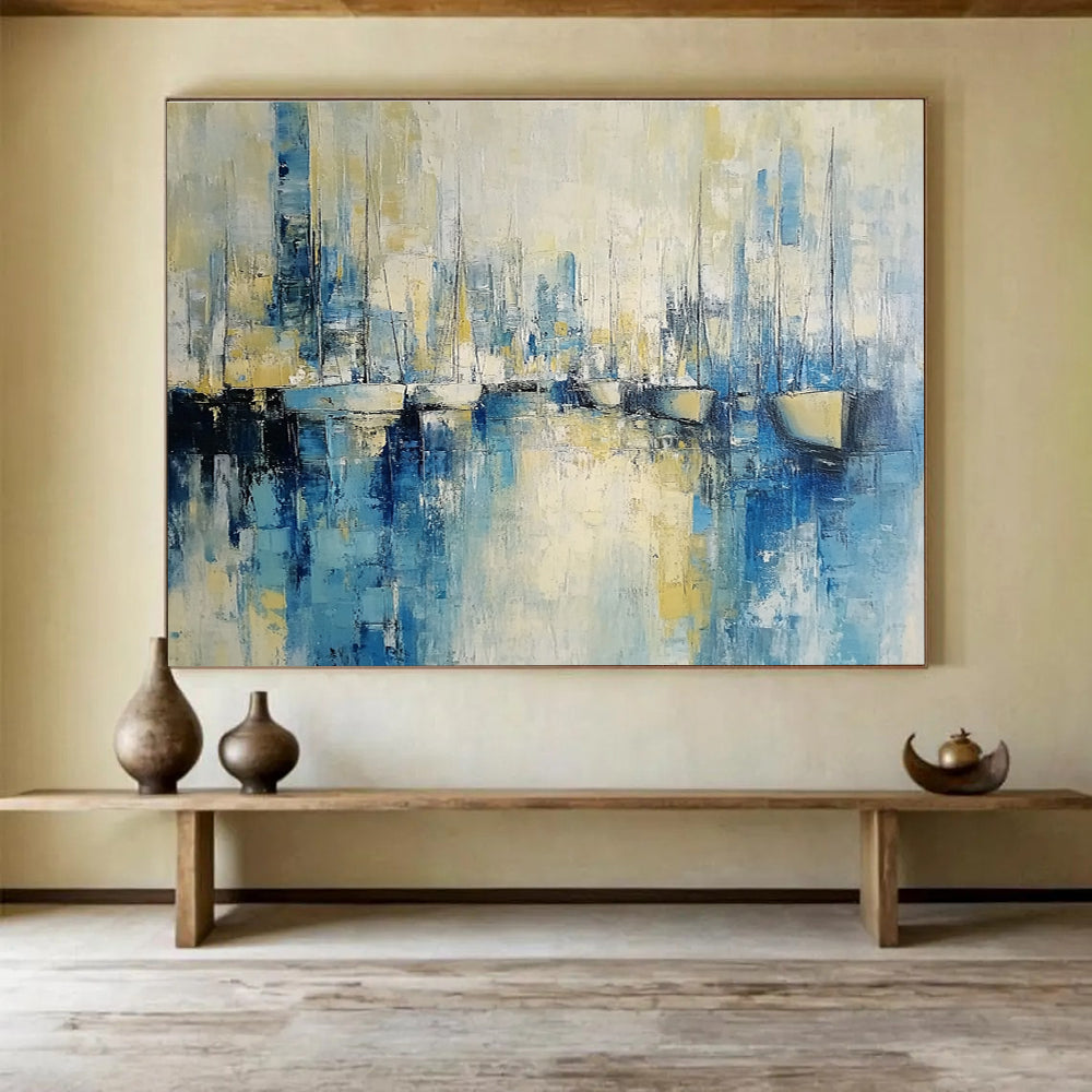 Abstract Harbor Scene Painting with Blue and Yellow Tones DYP513