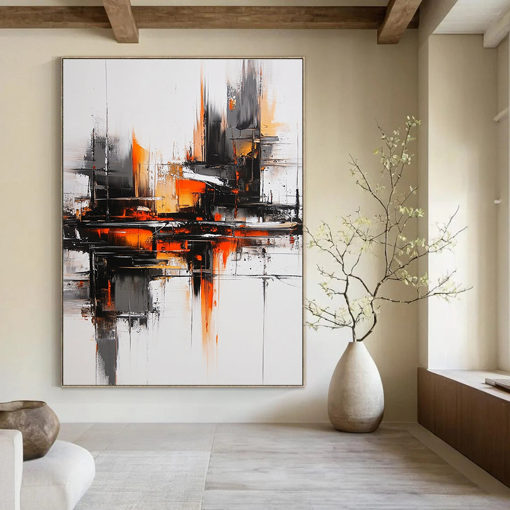 Large abstract oil painting featuring a gray and orange color scheme with a black cityscape bold brush strokes and heavy shadows for a mysterious atmosphere.STSC1353