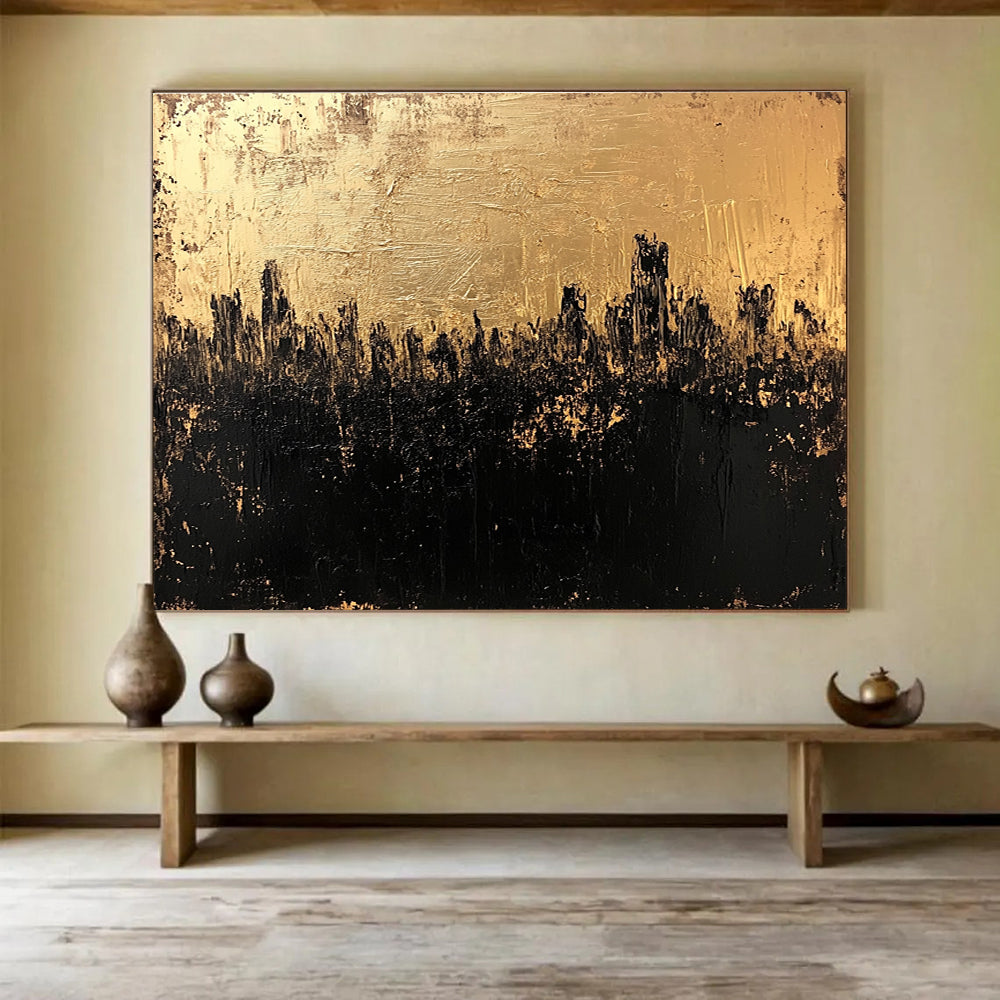 Large abstract painting in gold and black featuring a textured surface that captures a dark cityscape with an atmospheric moody quality.SC143