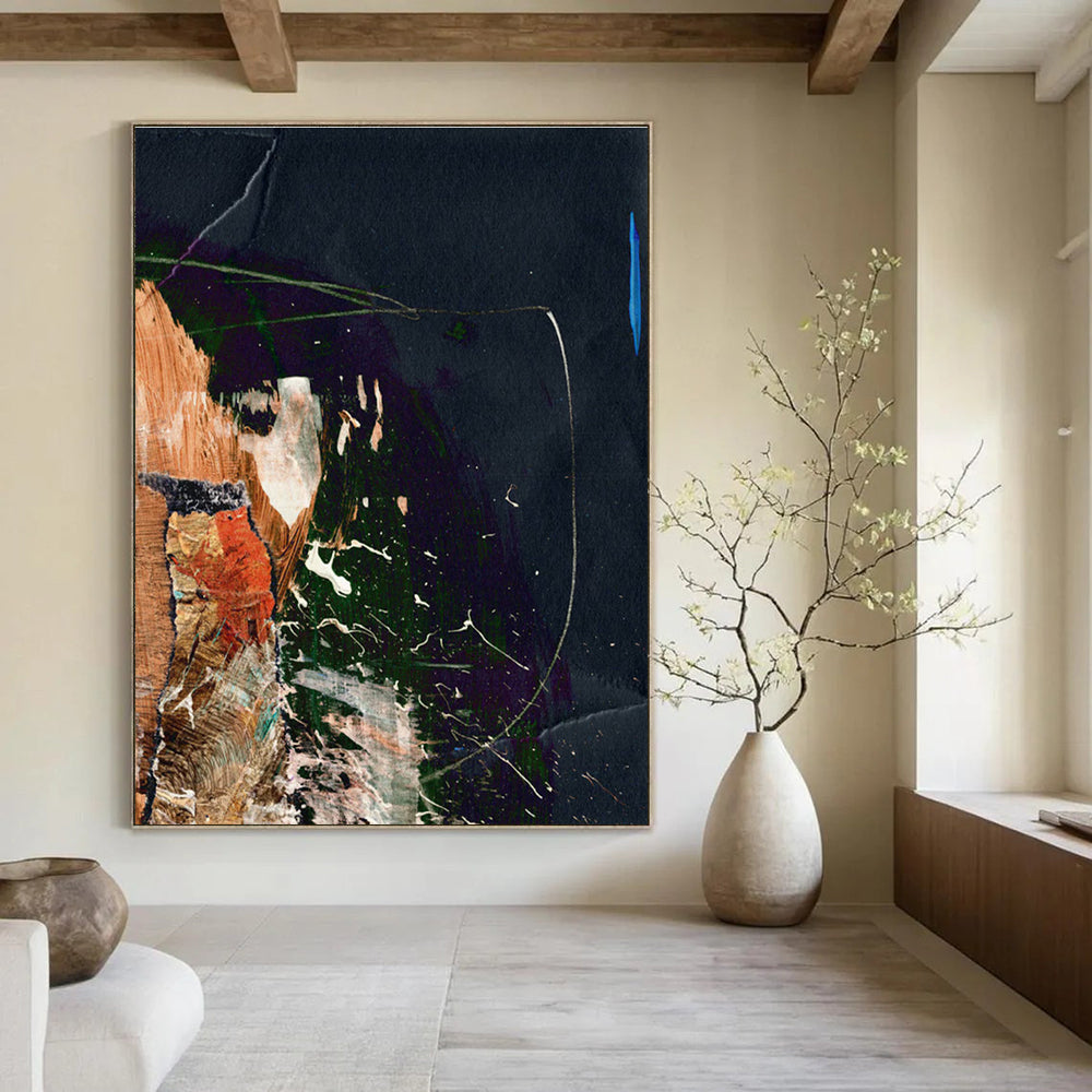 Dark Collage with Vibrant Accents Abstract Painting ADGE170