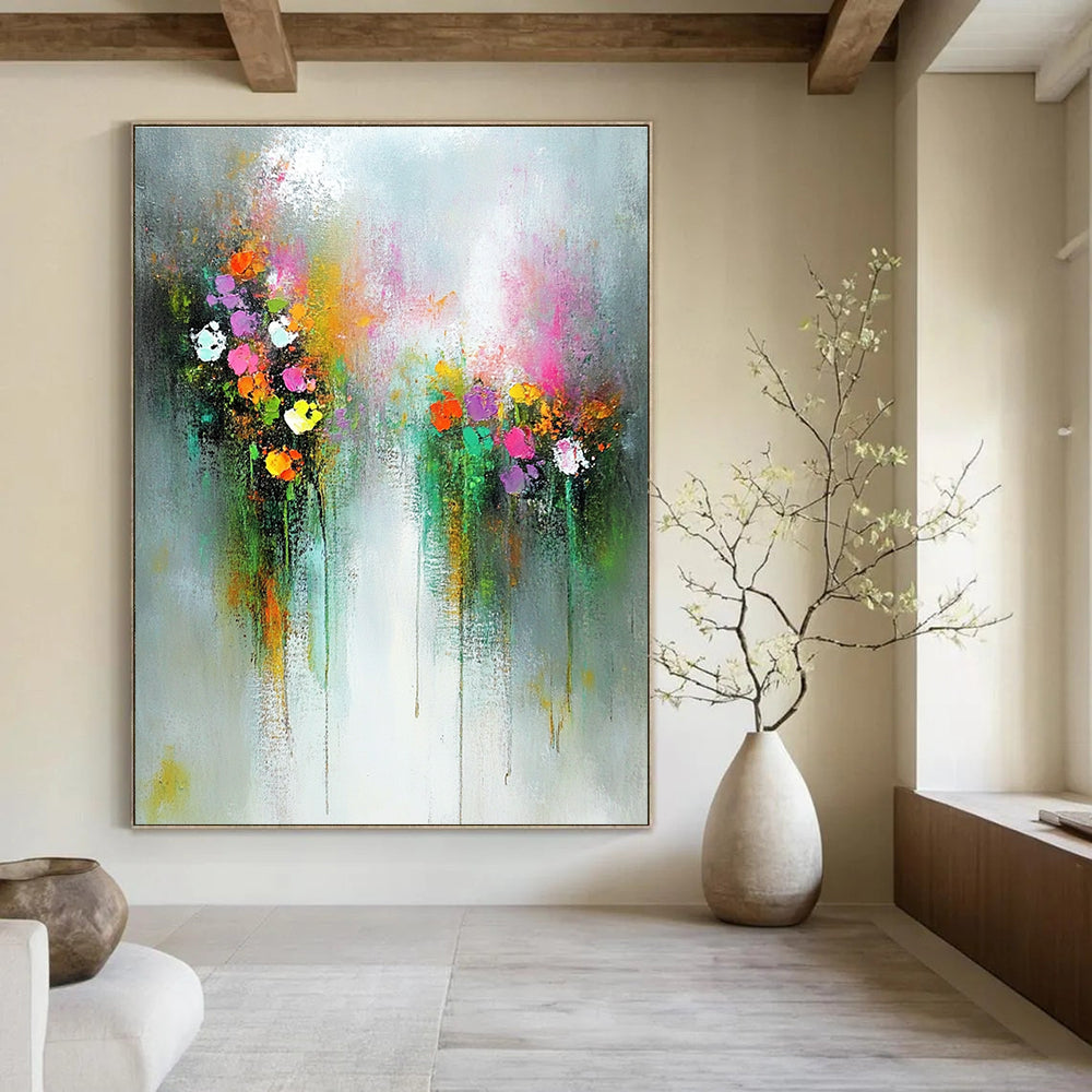 Large abstract oil painting of ethereal flowers in an enchanted garden featuring muted pastel colors on a white background.STSC182