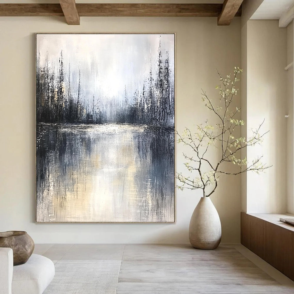 Large abstract painting featuring a misty forest and lake with muted tones soft edges and tranquil atmosphere creating emotional depth.STSC083