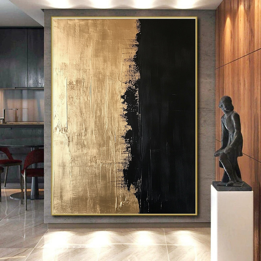 Gold and Black Abstract Painting with Textured Contrast GER130