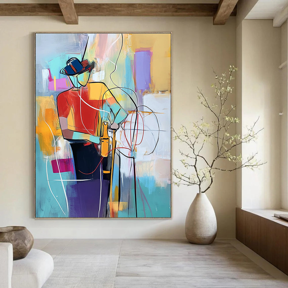 Large abstract painting of an electrician with vibrant colors dynamic lines and geometric patterns showcasing energy and creativity in the craft.STSC554