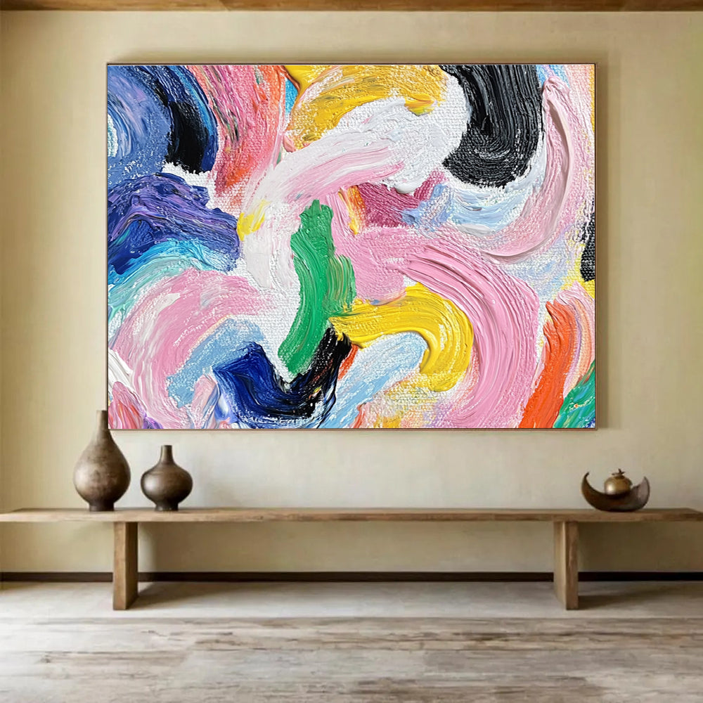 A large abstract painting with vibrant swirls of color and bold shapes, featuring a graceful silhouette of a woman with a high ponytail.SC436