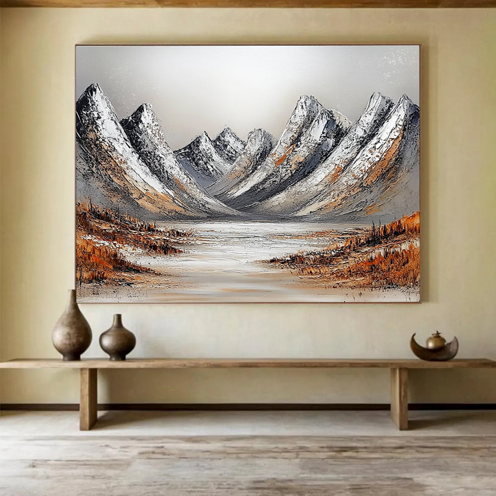 Snowy Mountain Range Textured Abstract Painting with White and Brown Tones DYP608
