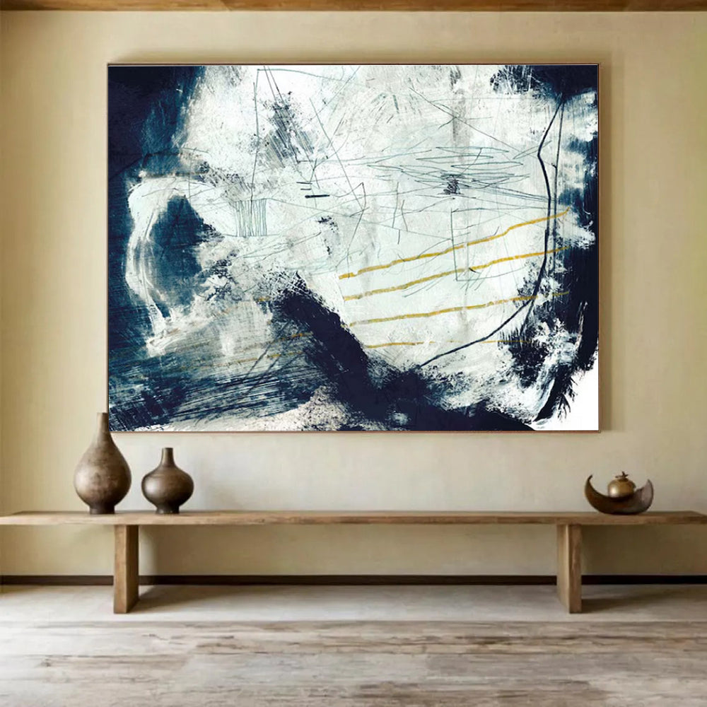Blue and White Textured Abstract Painting with Yellow Accents THY141
