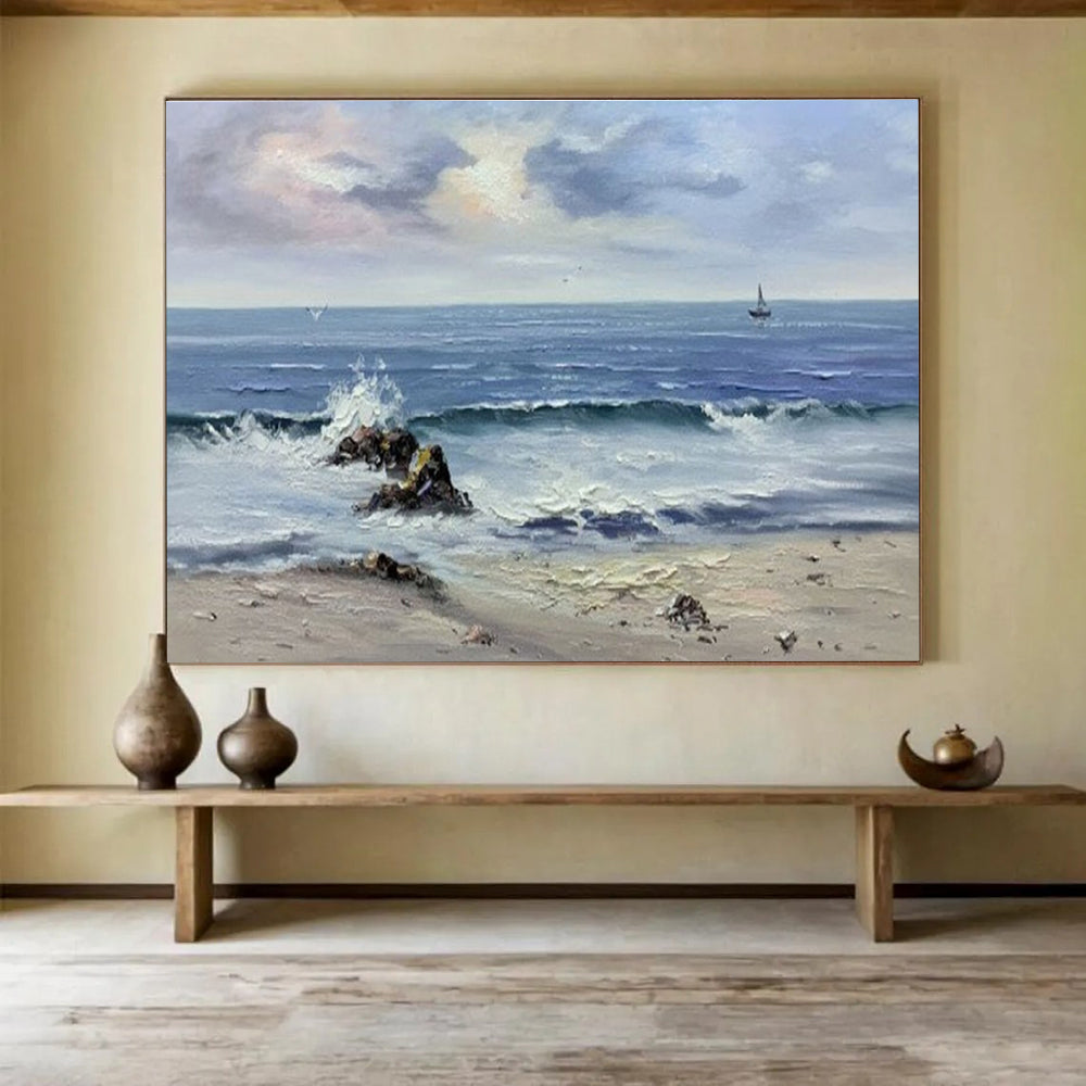 Seaside Wave Abstract Painting with Blue, White, and Grey Tones THY190