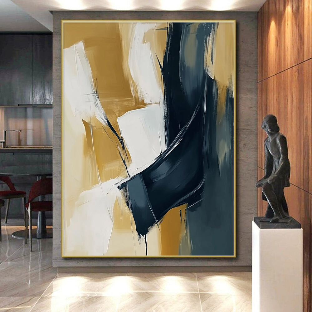 Gold White Black Abstract Painting with Dynamic Interactions GER805