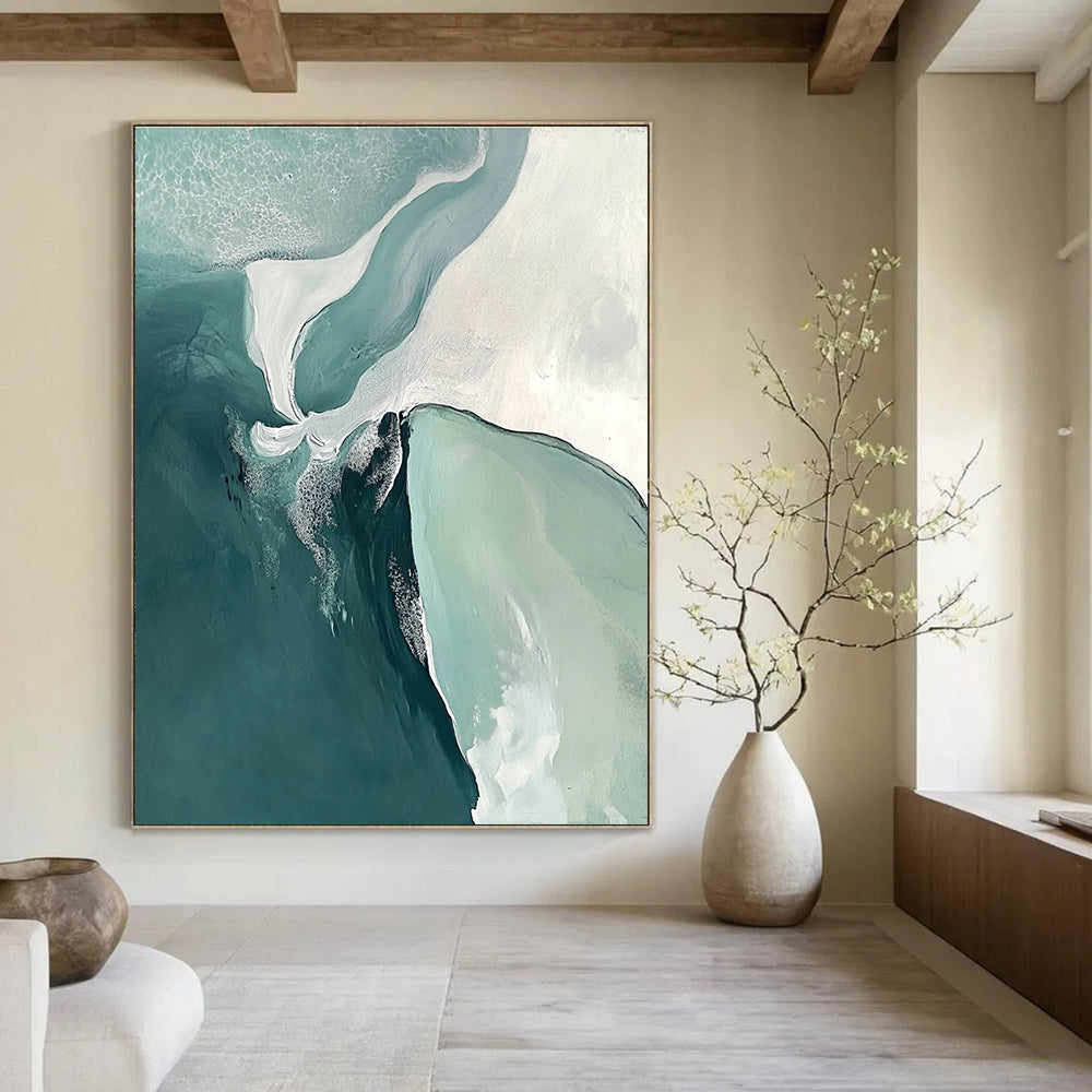 Large abstract painting featuring turquoise sea and white sand beach with soft edges and minimalist composition evoking peace and serenity.STSC534