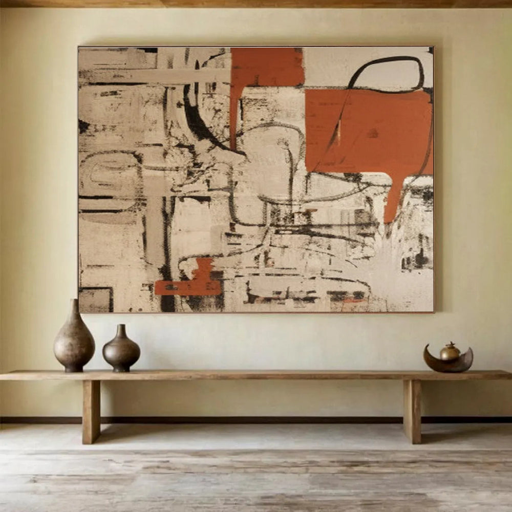 Red Black and Beige Abstract Painting THY098