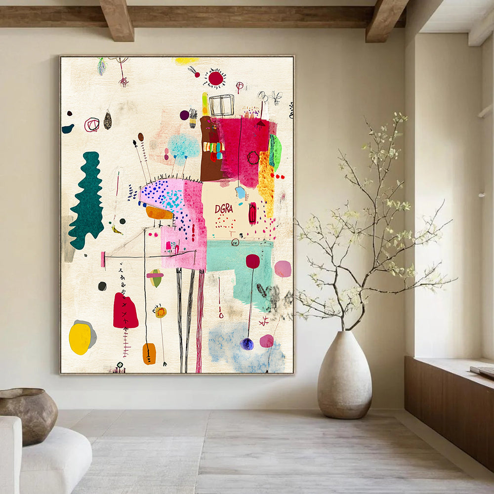 A Large Abstract Art Piece Featuring Sewing Elements Textured Paper Soft Colors Scribbled Lines and the Text DGRA.STSC934