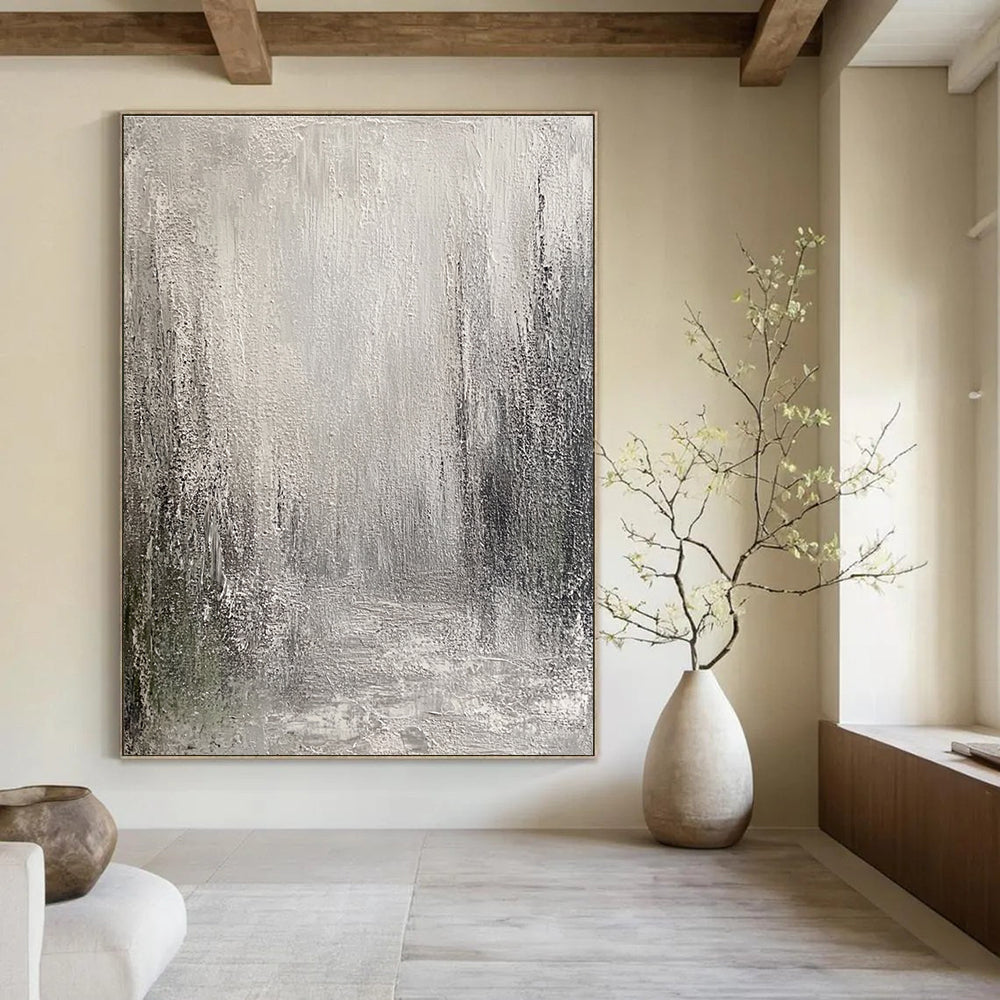 Large abstract painting featuring an atmospheric urban landscape in muted grey and white tones with heavy texture and a mysterious depth.STSC487