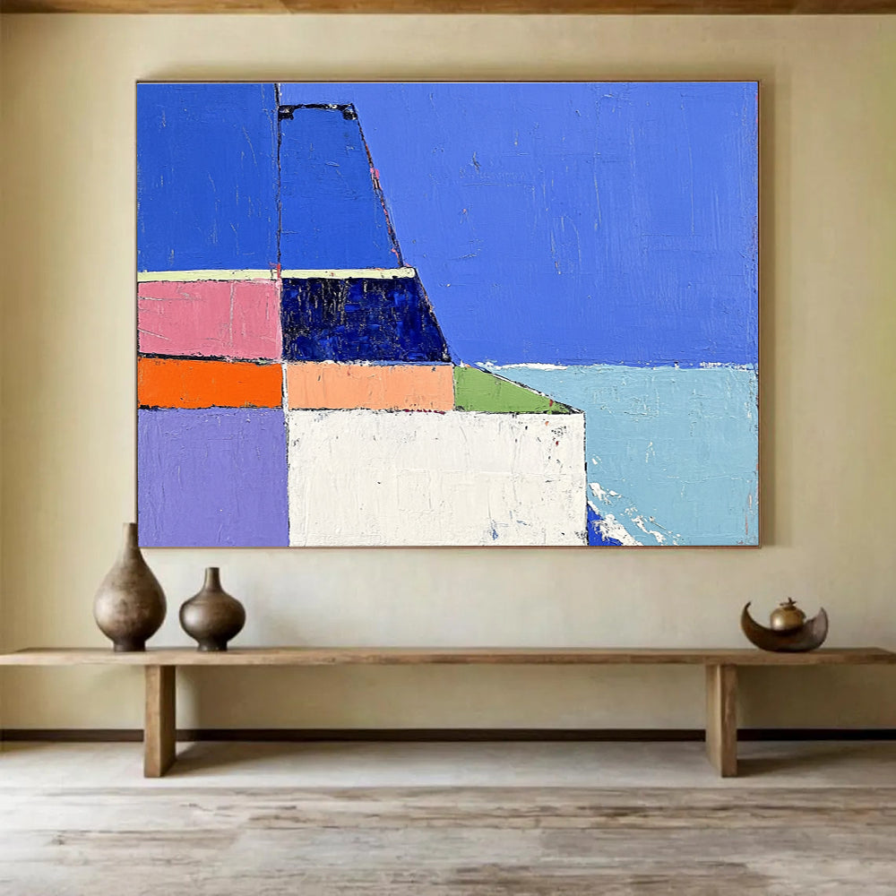 Colorful Geometric Seaside Abstract Painting with Blue and Pastel Tones DYP310