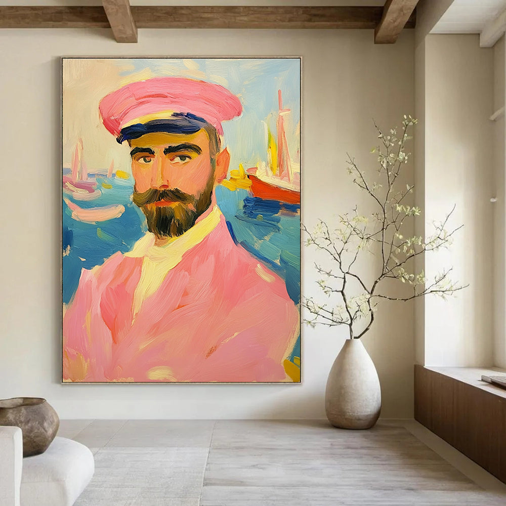 Abstract painting of an artistic man in a pink sailor suit with a mustache and beard against a vibrant sea backdrop featuring boats.STSC1161