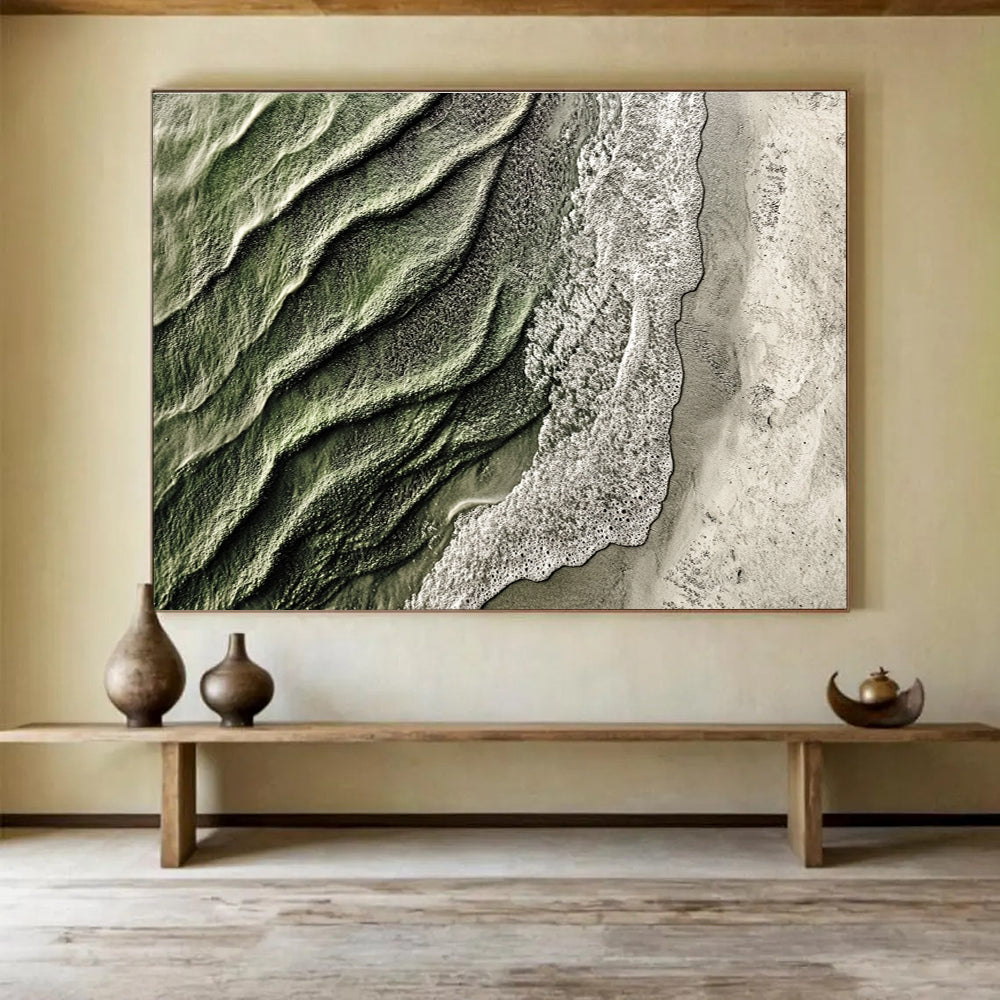 Aerial Beach View Abstract Painting with Green and White Tones DYP574