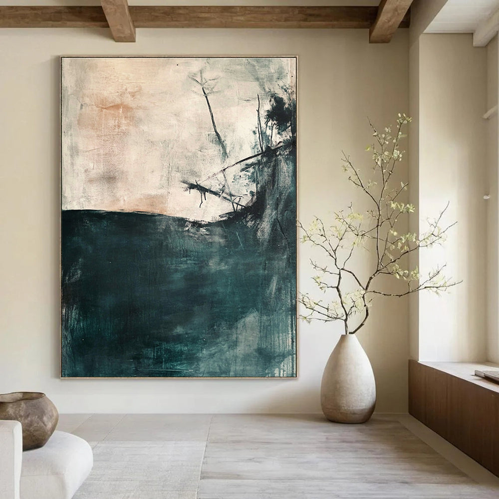 Large abstract painting depicting an underwater scene in soft gray and teal tones with minimalistic loose brushwork and neutral colors.STSC276
