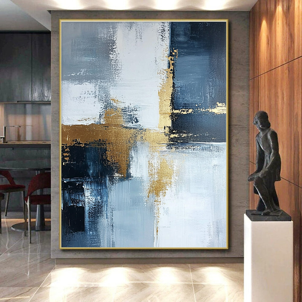 Blue Gray and Gold Abstract Painting with Subtle Sophistication GER524