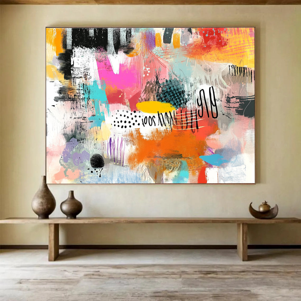 A large abstract painting featuring vibrant colors bold strokes dynamic shapes playful elements and a lively essence reflecting contemporary youth culture.SC508