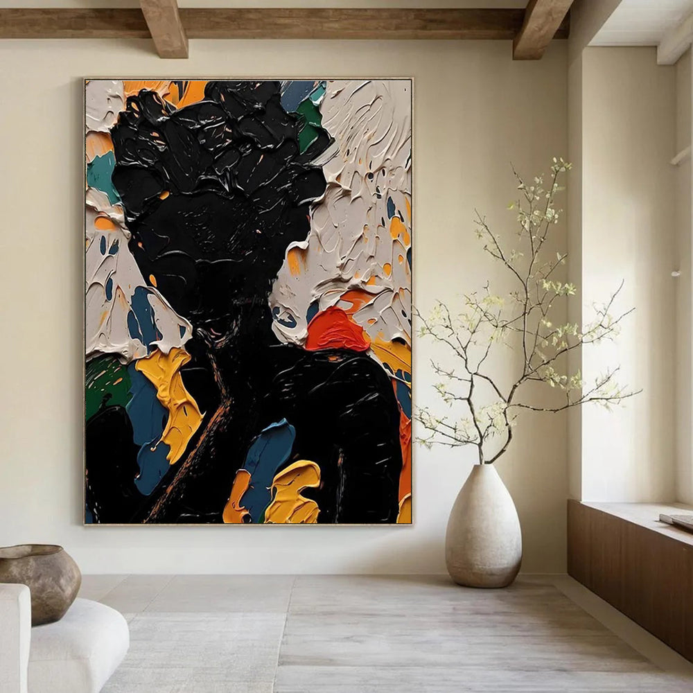 Black Figure Abstract Painting with Colorful Background Textures ADGE308