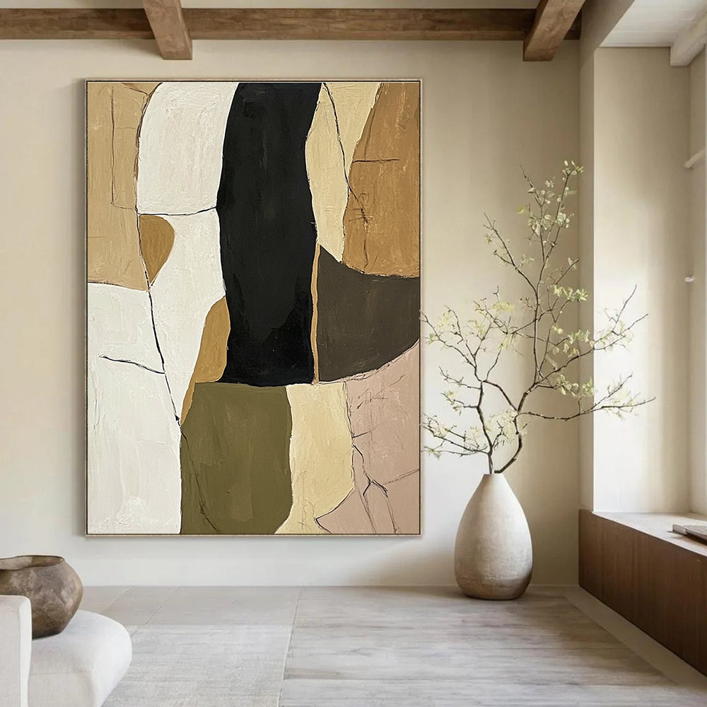 Large abstract painting in neutral tones of olive green beige and black on white background featuring organic shapes and textured lines for depth.STSC781