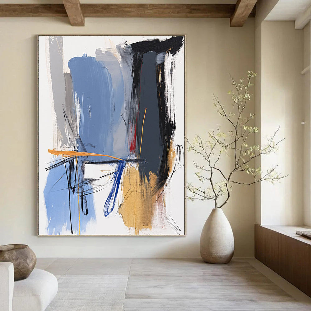 Abstract painting featuring blue grey and gold hues with a white square and expressive forms in impasto style.STSC743