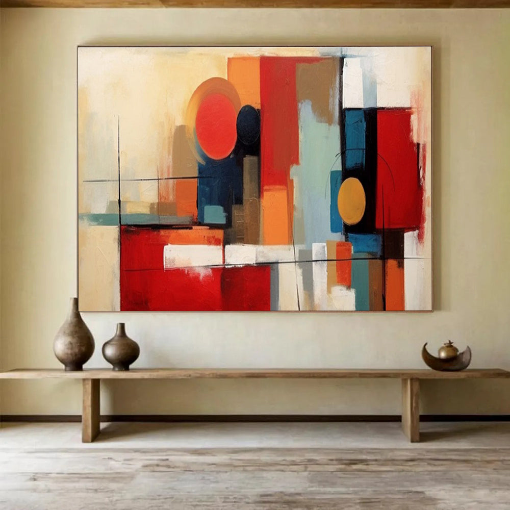 Geometric Abstract Painting with Red, Orange, and Blue Tones THY219