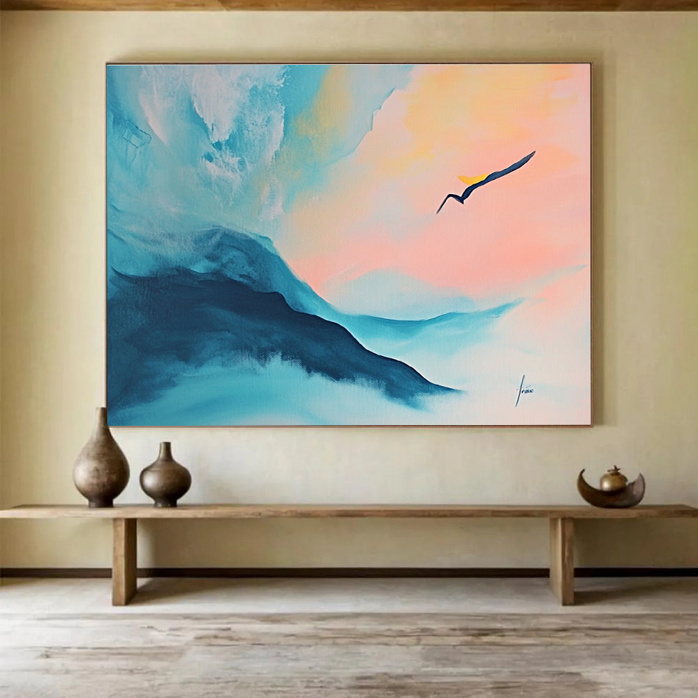 Colorful Abstract Painting of Mountains and a Bird in Flight DYP145
