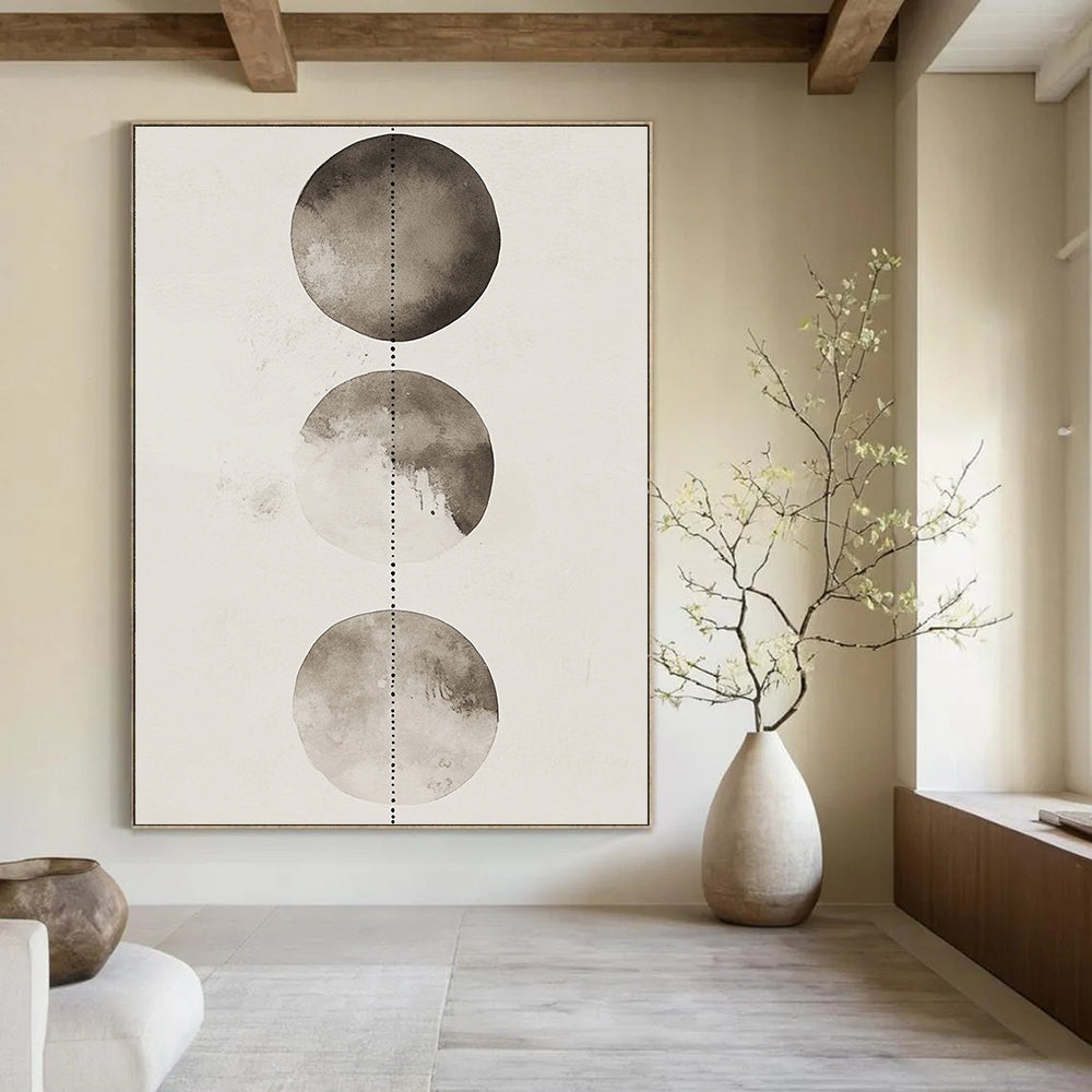 Large abstract watercolor and ink wash illustration featuring three shaded gray and white circles with dotted lines on a clean background.STSC1458