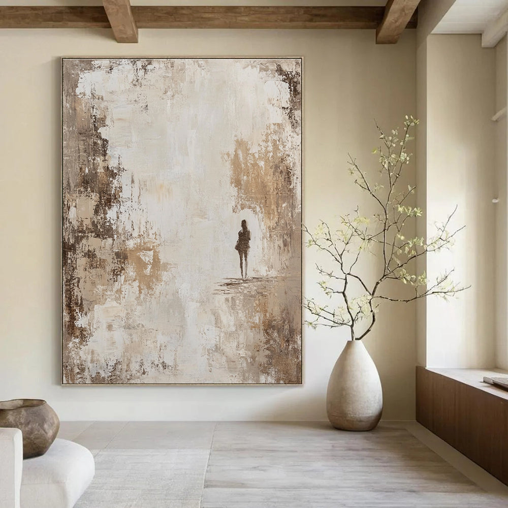 Large abstract painting featuring a beige and white distressed background with neutral tones that add a vintage feel and subtle elegance to any space.STSC905