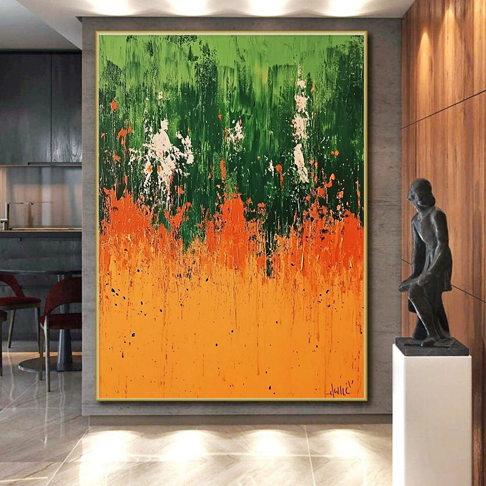 Green Orange Abstract Painting with Dripping Effects GER491