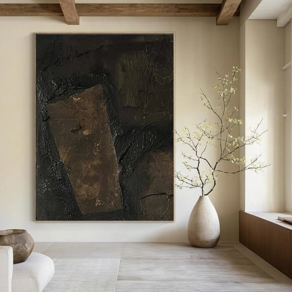 Dark Textured Patch Abstract Painting with Earthy Tones ADGE503