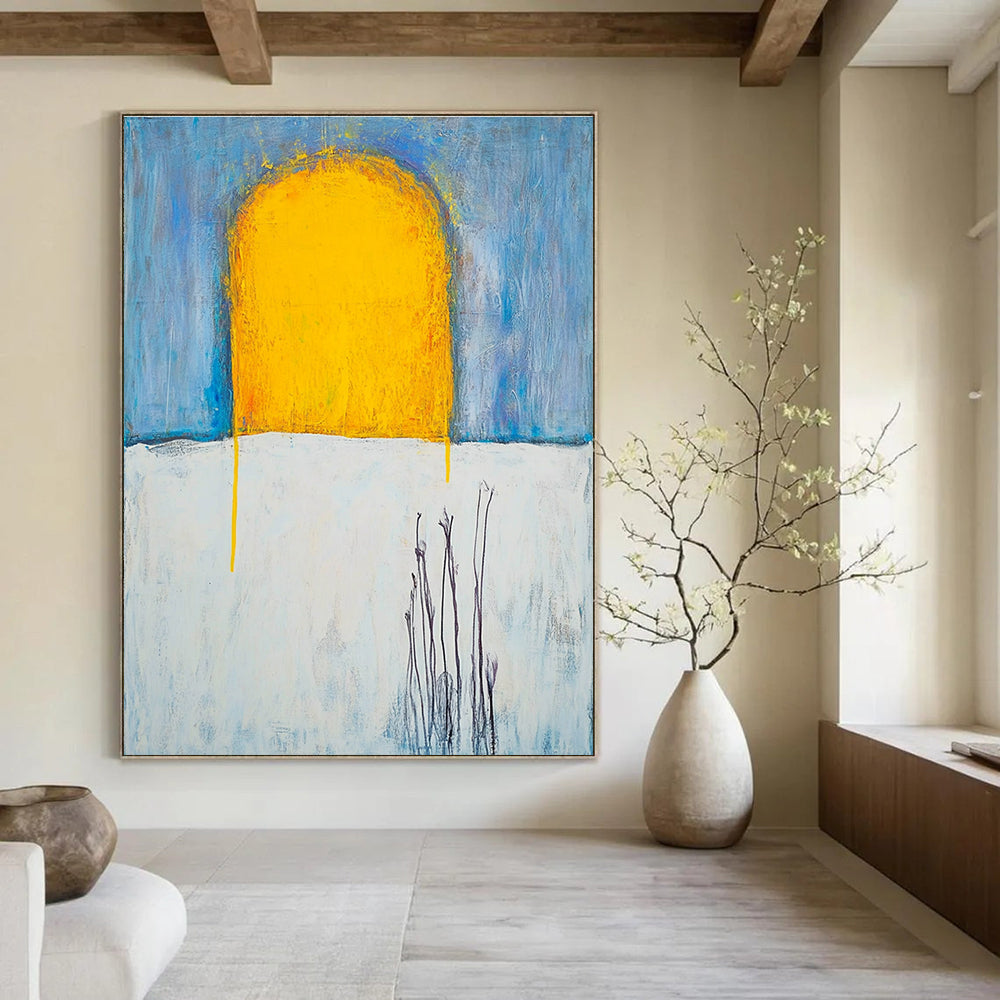 Large abstract painting with yellow sun rays on a white sky featuring textured oil paint and visible brush strokes inspired by Duchamp and Beksiński.STSC370