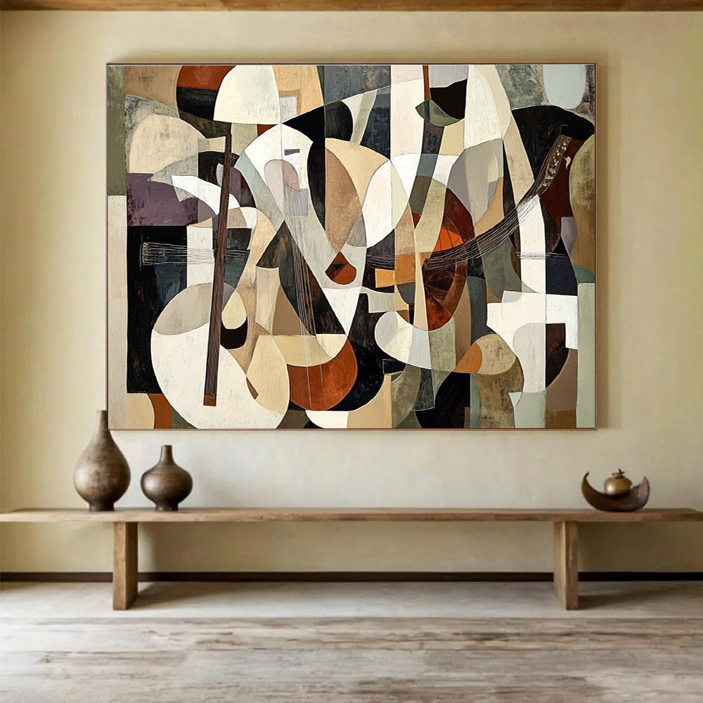 Large abstract painting featuring layered shapes in brown and beige with figures playing instruments in a cubist style, creating depth and illusion.SC395