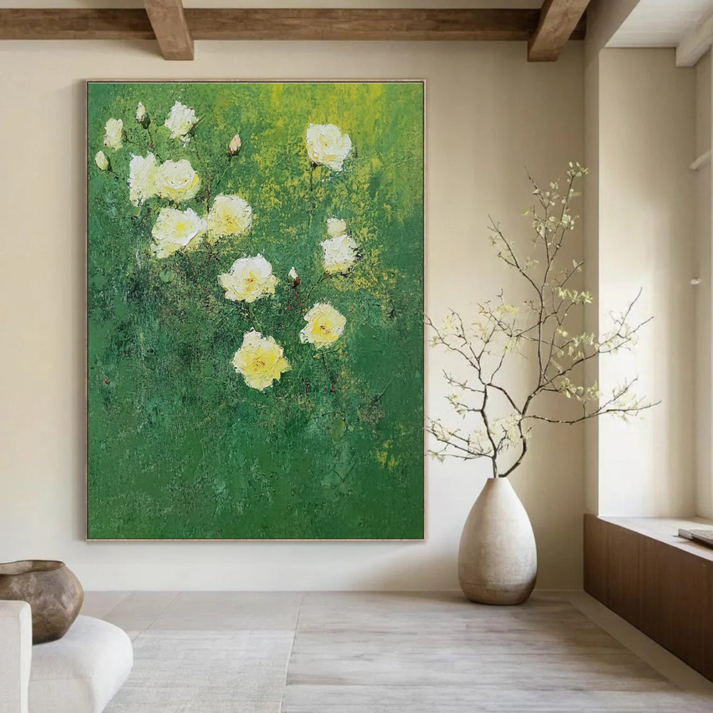 Large abstract painting of white roses on green background featuring bold brush strokes in impressionist style with green and yellow hues.STSC1152