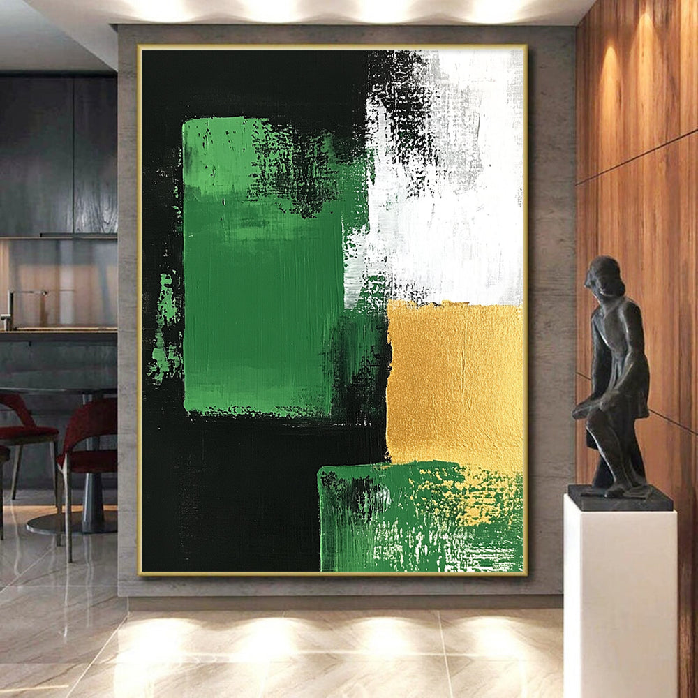 Green Gold and Black Abstract Painting with Bold Geometry GER678