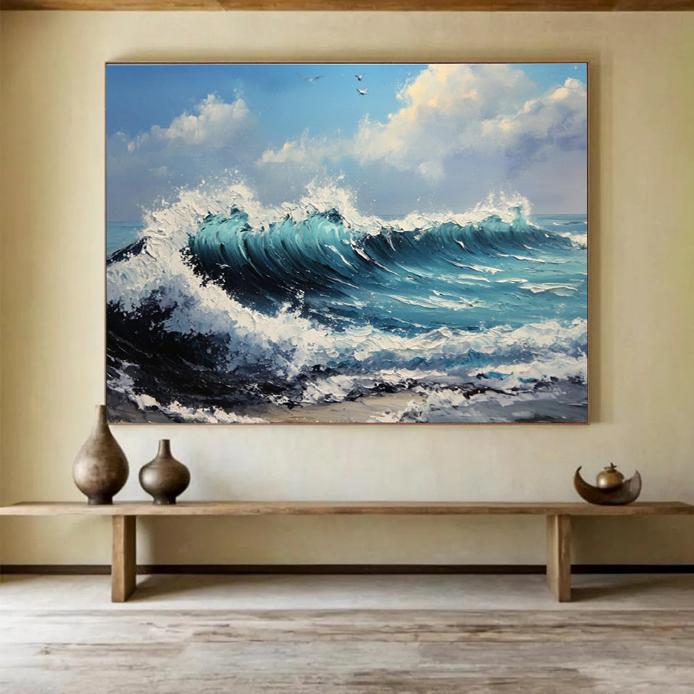 Crashing Waves at Sea Impasto Abstract Painting with Turquoise Blues DYP599