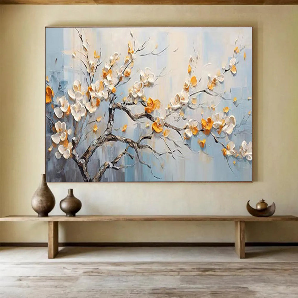 Flowering Tree Abstract Painting with White, Orange, and Blue Tones THY202